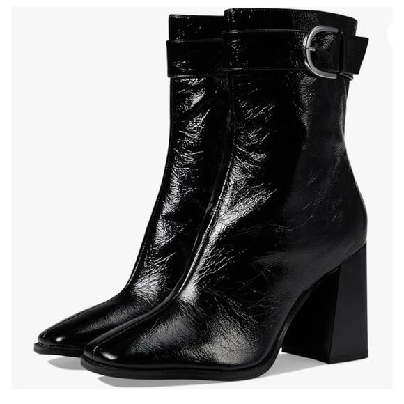 Nine West Tartess Black Boot Leather Size 8 Lightly Worn Square Toe Strap Detail - Picture 1 of 12